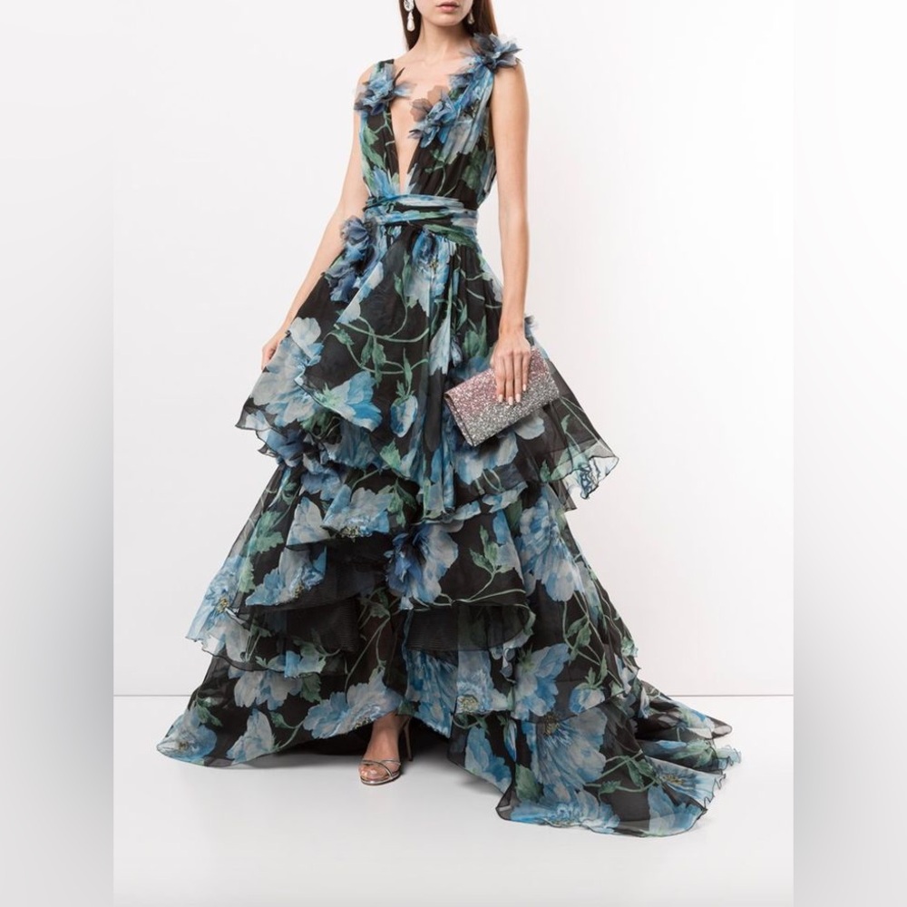 Marchesa Couture - Blue Peony Printed V-neck Tiered Ballgown